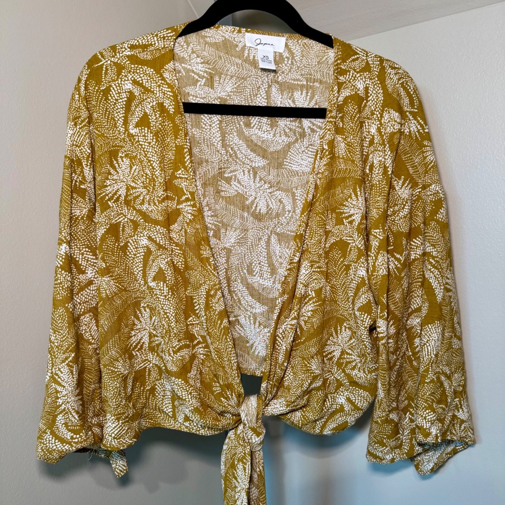 Japna Women's XS Kimono Tie‎ Front Top Blouse Yellow White Floral Print Boho